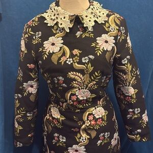 Asos size 4 Floral Black Dress with Lace Collar zip up back like new
